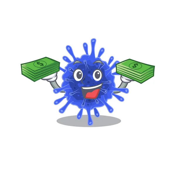 Happy face bacteria coronavirus character having money on hands — Stock Vector