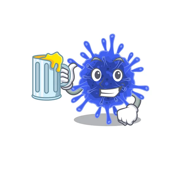 Cheerful bacteria coronavirus mascot design with a glass of beer — Stock Vector
