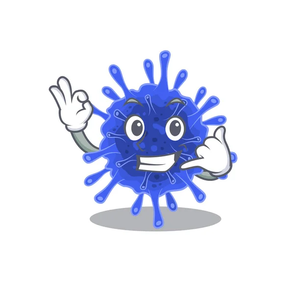 Bacteria coronavirus mascota dibujo animado mostrando Llámame gesto — Vector de stock