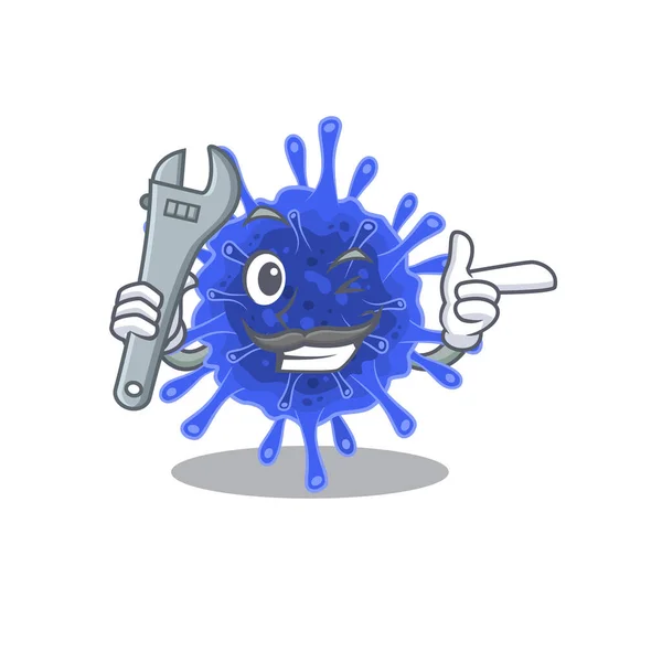 クールな整備士の細菌のコロナウイルスの漫画のキャラクターデザインの写真 — ストックベクタ