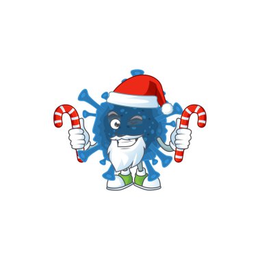 cartoon mascot style of coronavirus desease in Santa costume with candy