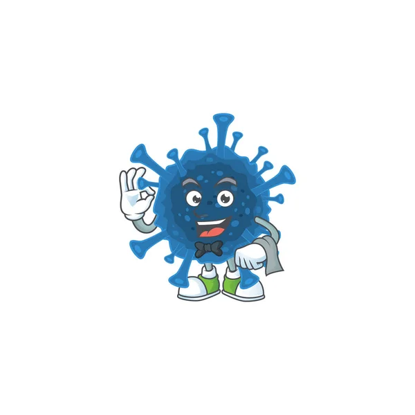 Une mascotte de coronavirus desease cartoon travaillant comme serveur — Image vectorielle