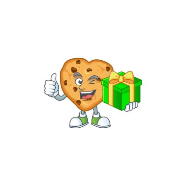 Cheerful chocolate chips love cartoon character holding a gift box