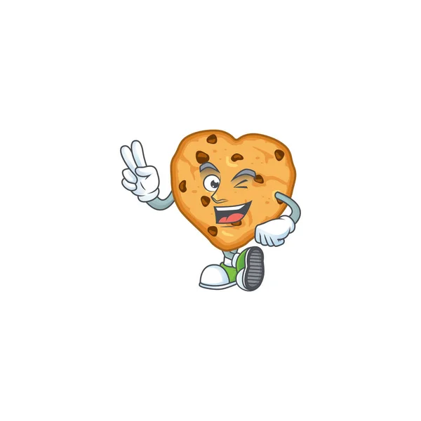 Un alegre chocolate chips amor mascota diseño mostrando sus dos dedos — Archivo Imágenes Vectoriales