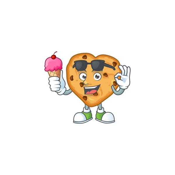 Cartoon character of chocolate chips love enjoying an ice cream — Stockvector