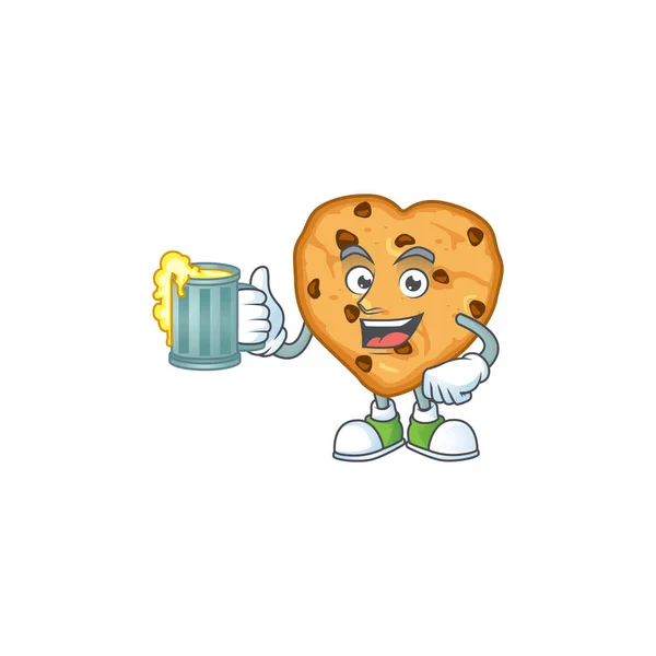 A cartoon concept of chocolate chips love with a glass of beer — Stockvector