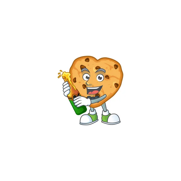 Mascot cartoon design of chocolate chips love with bottle of beer — Stockvector