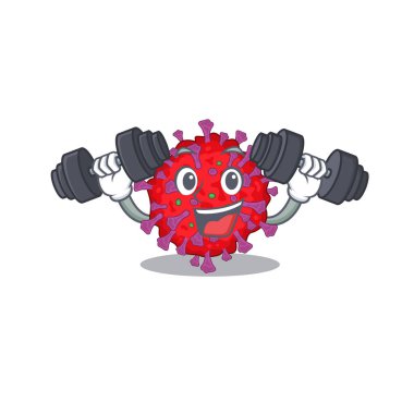 Smiley Fitness egzersiz Coronavirus parçacık çizgi film karakteri halterleri kaldırıyor