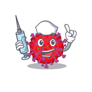 Coronavirus parçacık maskotu tasarımının dost canlısı hemşiresi elinde şırınga tutuyor.