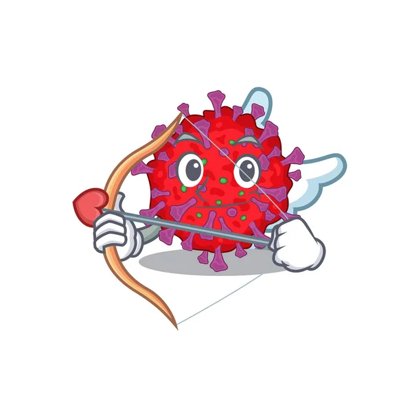 Ρομαντική εικόνα του Coronavirus σωματιδίων Έρως χαρακτήρα κινουμένων σχεδίων με βέλος και φτερά — Διανυσματικό Αρχείο