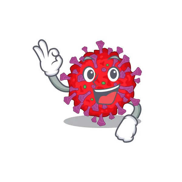 Coronavirus partícula de dibujos animados estilo de diseño de personajes haciendo un gesto bien — Vector de stock