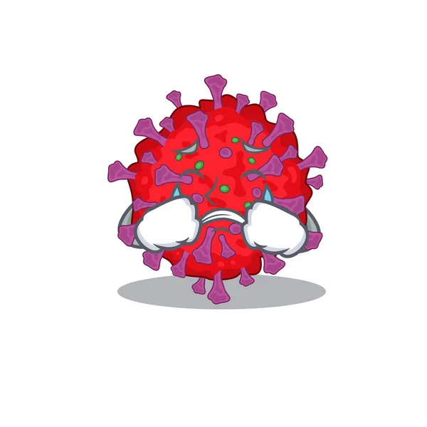 En gråtande coronavirus partikel tecknad maskot design stil — Stock vektor