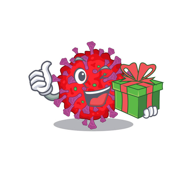 Смайли Коронавирус персонаж мультфильма с подарочной коробкой
