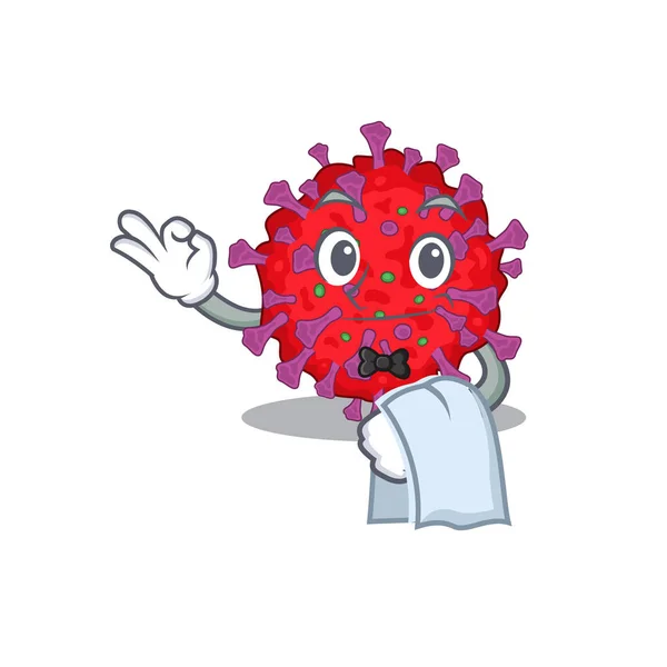 Дизайн героя мультфільму про коронавірус, який працює офіціантом — стоковий вектор