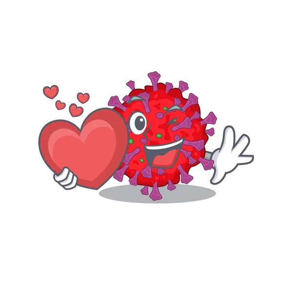 Un design romantico cartone animato di coronavirus particella che tiene il cuore — Vettoriale Stock