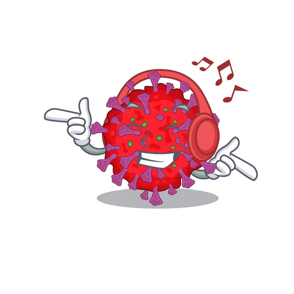 Godendo di musica coronavirus particella disegno della mascotte cartone animato — Vettoriale Stock