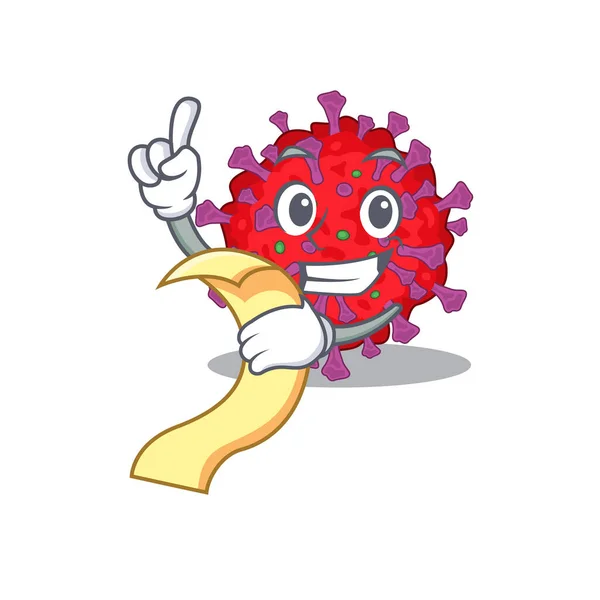 제공 할 준비가 된 메뉴를 들고 있는 코로나 바이러스 입자의 만화 캐릭터 — 스톡 벡터