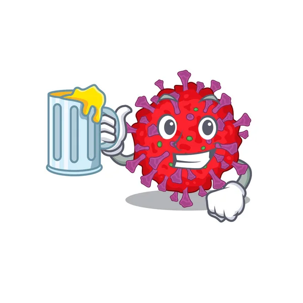 Cheerful coronavirus particle mascot design with a glass of beer — Stock Vector