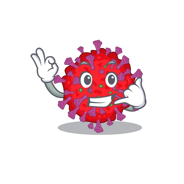 Coronavirus particle mascot cartoon design showing Call me gesture — Stock Vector