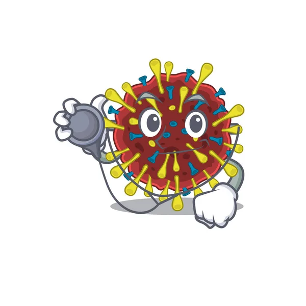 Uma molécula de vírus corona elegante em um personagem de desenho animado médico com ferramentas —  Vetores de Stock