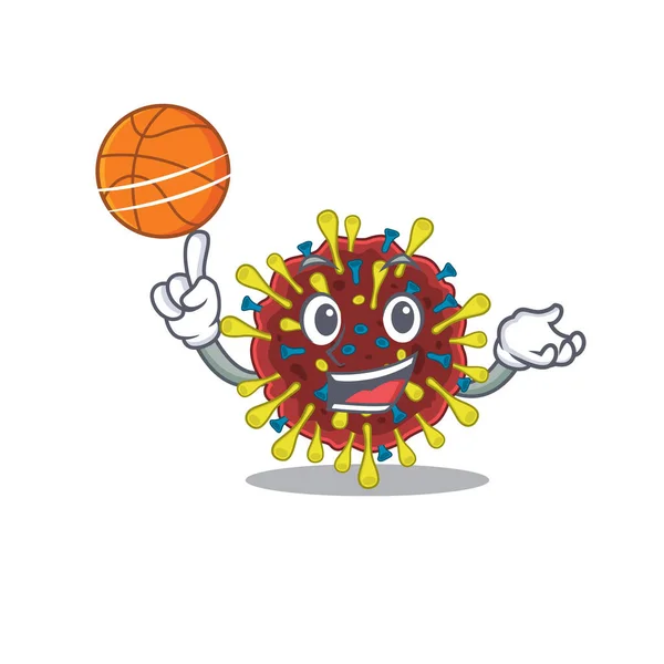 Ένα σπορ μόριο του ιού της Κορόνας σχέδιο μασκότ κινουμένων σχεδίων παίζοντας μπάσκετ — Διανυσματικό Αρχείο