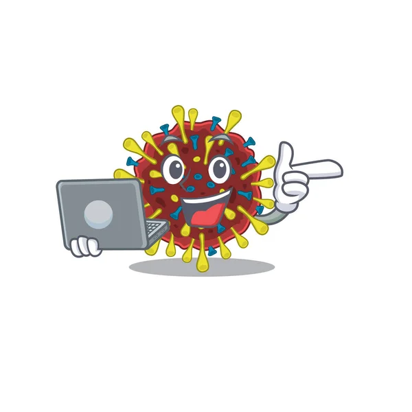 Um ícone de molécula de vírus corona inteligente trabalhando com laptop — Vetor de Stock