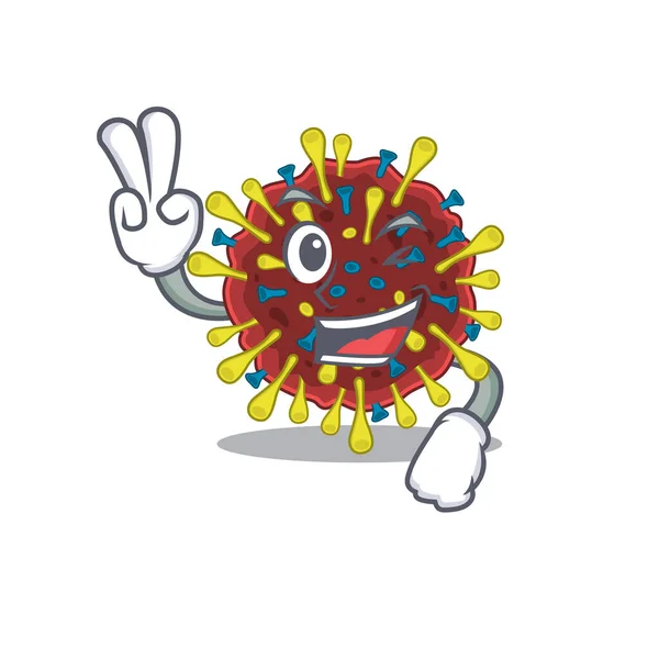 Cheerful corona virus molecule mascot design with two fingers — Stock Vector