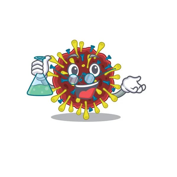 Professore intelligente di progettazione della mascotte della molecola del virus della corona che tiene un tubo di vetro — Vettoriale Stock