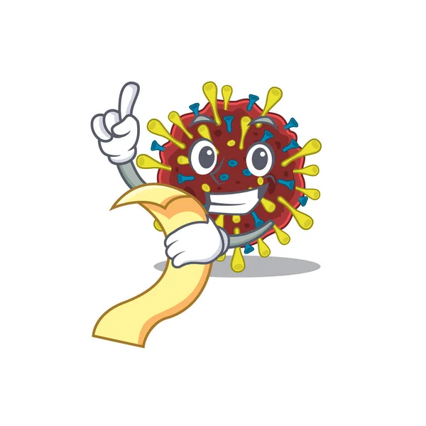 Cartoon character of corona virus molecule holding menu ready to serve — Stock Vector