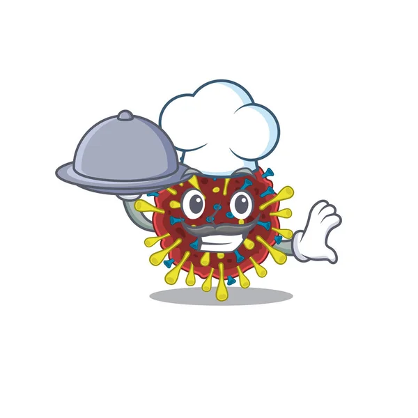Molécula de vírus Corona como um personagem de desenho animado chef com comida na bandeja —  Vetores de Stock