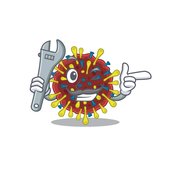 Una imagen de fresco mecánico corona virus molécula dibujos animados diseño de personajes — Vector de stock