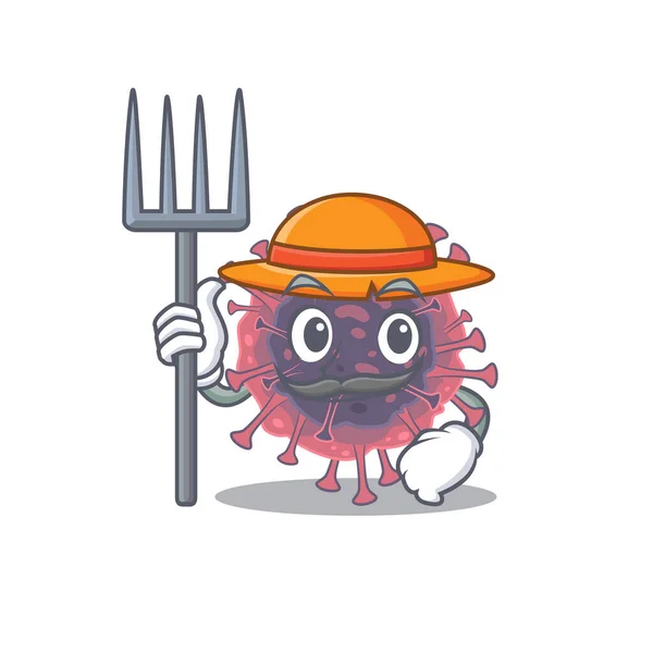 Coronavirus microbiologique dans le personnage de dessin animé Farmer avec chapeau et fourche — Image vectorielle