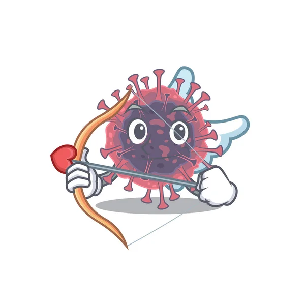 Romantisk bild av mikrobiologi coronavirus Cupid tecknad karaktär med pil och vingar — Stock vektor