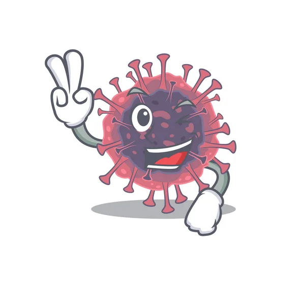 Veselý mikrobiologie koronavirus maskot design s dvěma prsty — Stockový vektor