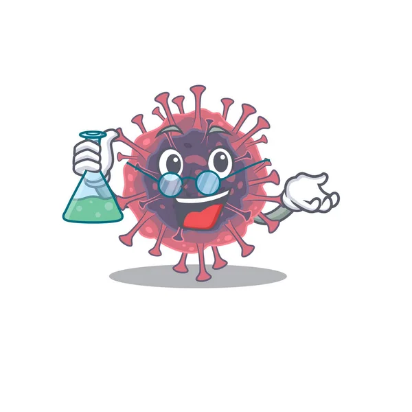 Professor inteligente de microbiologia design mascote coronavírus segurando um tubo de vidro — Vetor de Stock