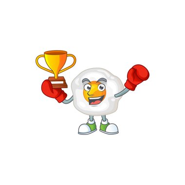 Happy face of boxing winner fried egg in mascot design style