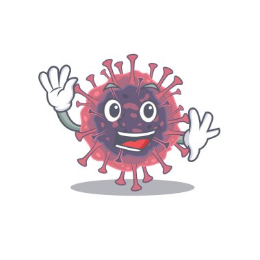 Gülen mikrobiyoloji Coronavirus çizgi film maskot tasarımı el sallayarak