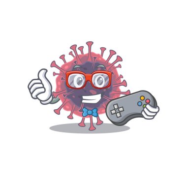 Mikrobiyoloji Coronavirus maskot tasarım tarzında kontrolörlü havalı bir oyuncu.
