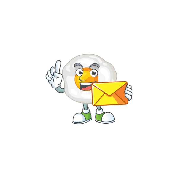 Cute face fried egg mascot design holding an envelope — 스톡 벡터
