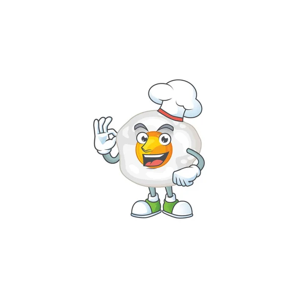 Una foto del personaje de dibujos animados huevo frito con sombrero de chef blanco — Vector de stock