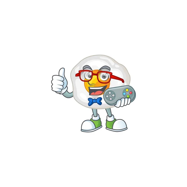 Talentoso huevo frito gamer mascota diseño usando controlador — Vector de stock