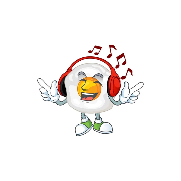 Cartoon mascot design of fried egg enjoying music — Stock Vector