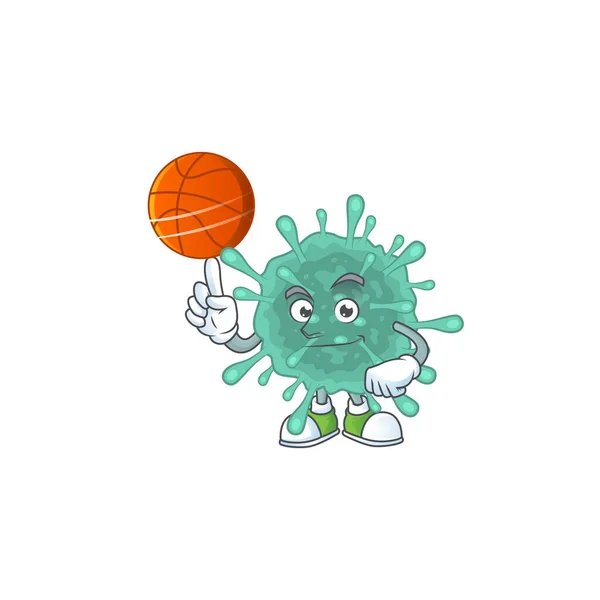 Attraente coronavirus disegno della mascotte del fumetto con basket — Vettoriale Stock