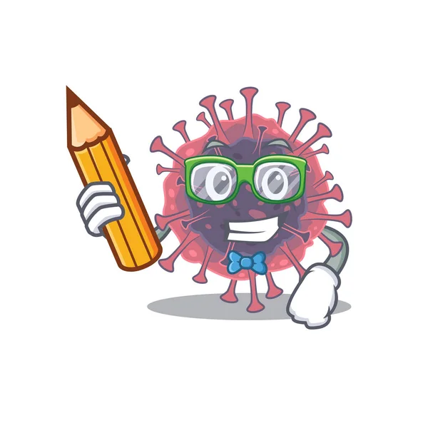 Um estudante inteligente microbiologia coronavírus personagem com um lápis e óculos — Vetor de Stock