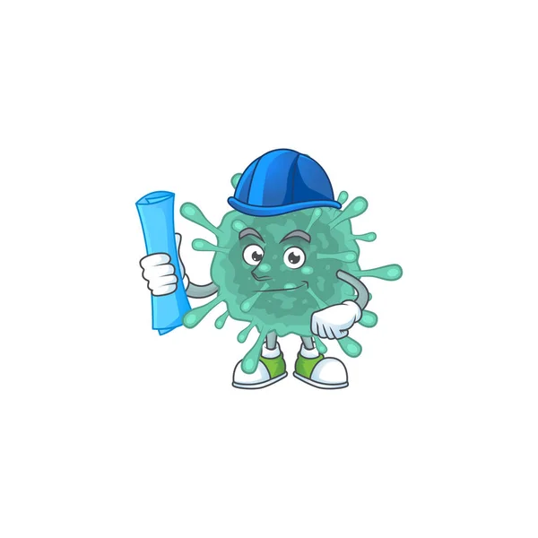 Un inteligente arquitecto de coronavirus con estampados azules y casco azul — Vector de stock