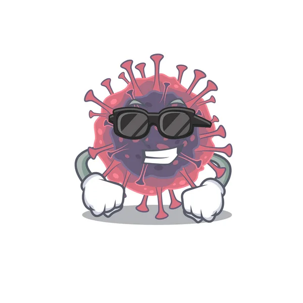Super legal microbiologia coronavírus mascote personagem vestindo óculos pretos —  Vetores de Stock