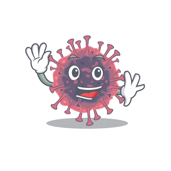 Mosolygós mikrobiológia Coronavirus rajzfilm kabala design integető kézzel — Stock Vector