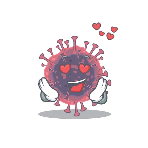 Cute mikrobiologii koronawirusa postać z kreskówki pokazując upadek w twarz miłości — Wektor stockowy