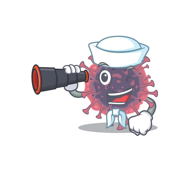 Microbiología coronavirus en Marinero diseño de personajes de dibujos animados con binocular — Archivo Imágenes Vectoriales