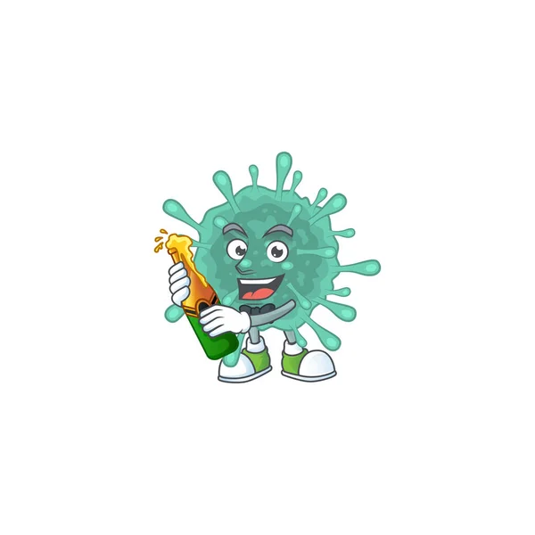 Mascot cartoon design of coronaviruses with bottle of beer — Stock Vector